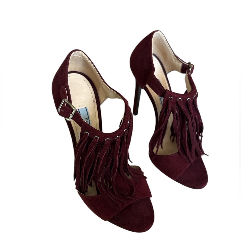 Prada Open Toe sandal heels Fringe Suede Ankle Strap burgundy Size EU 35 - Picture 5 of 12
